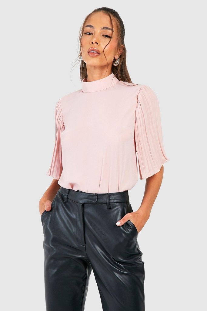Womens High Neck Pleat Sleeve Blouse - Pink - 6, Pink