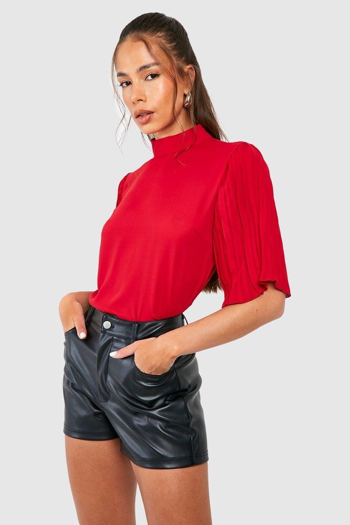 Womens High Neck Pleat Sleeve Blouse - Red - 6, Red
