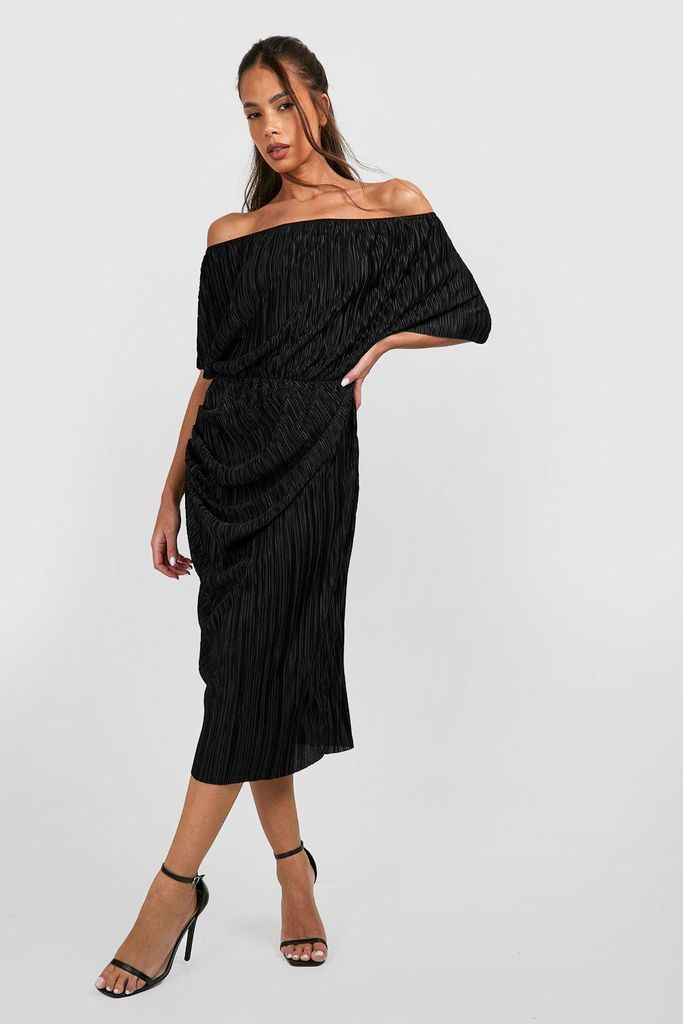 Womens Off The Shoulder Plisse Midi Dress - Black - 8, Black