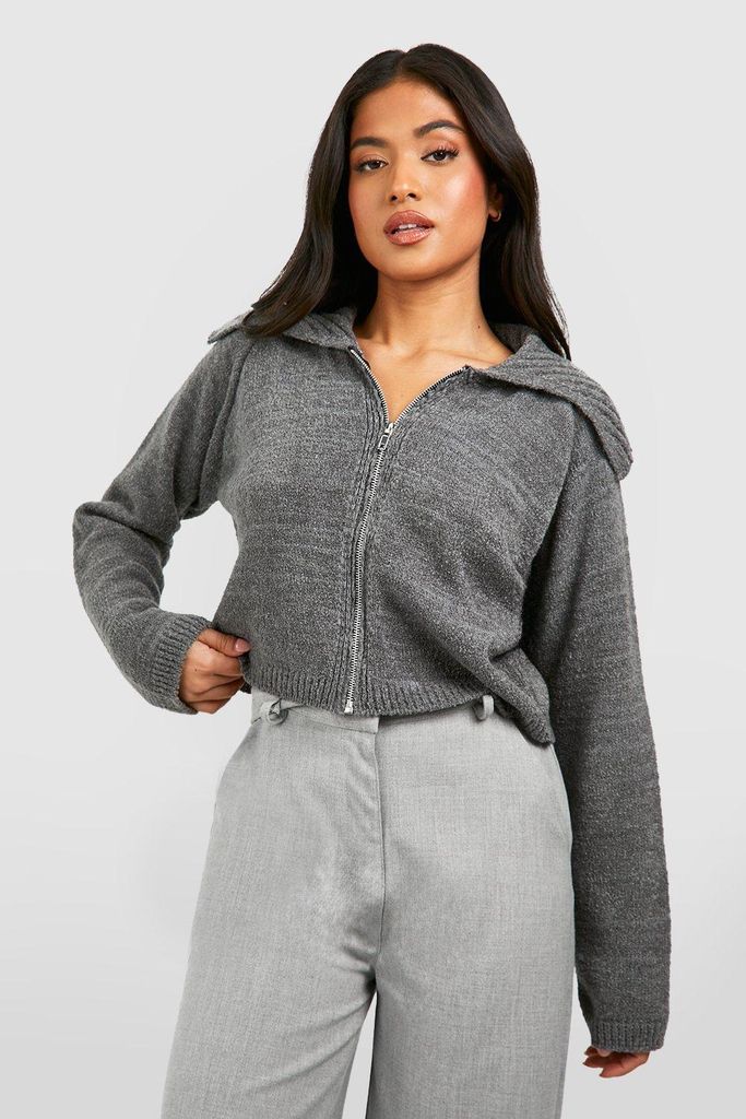 Womens Petite Boucle Zip Through Cropped Cardigan - Grey - S, Grey