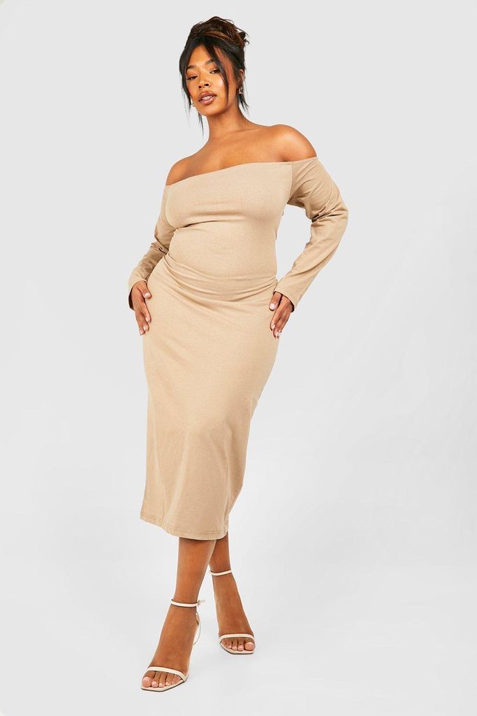 Womens Plus Cotton Off Shoulder Midi Dress - Beige - 16, Beige