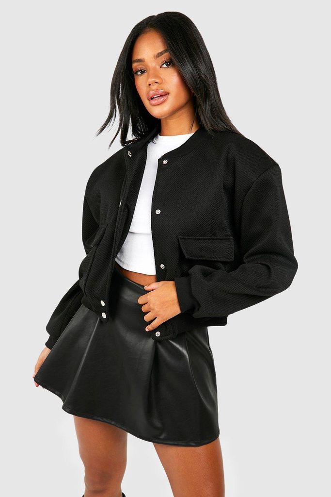 Womens Pocket Detail Wool Look Bomber Jacket - Black - S, Black