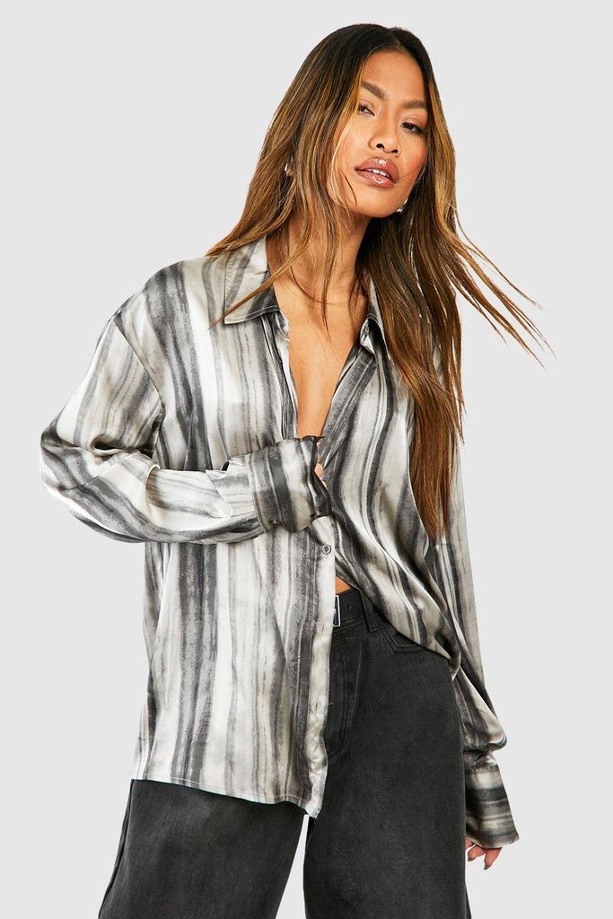 Womens Satin Abstract Stripe Shirt - Grey - 6, Grey