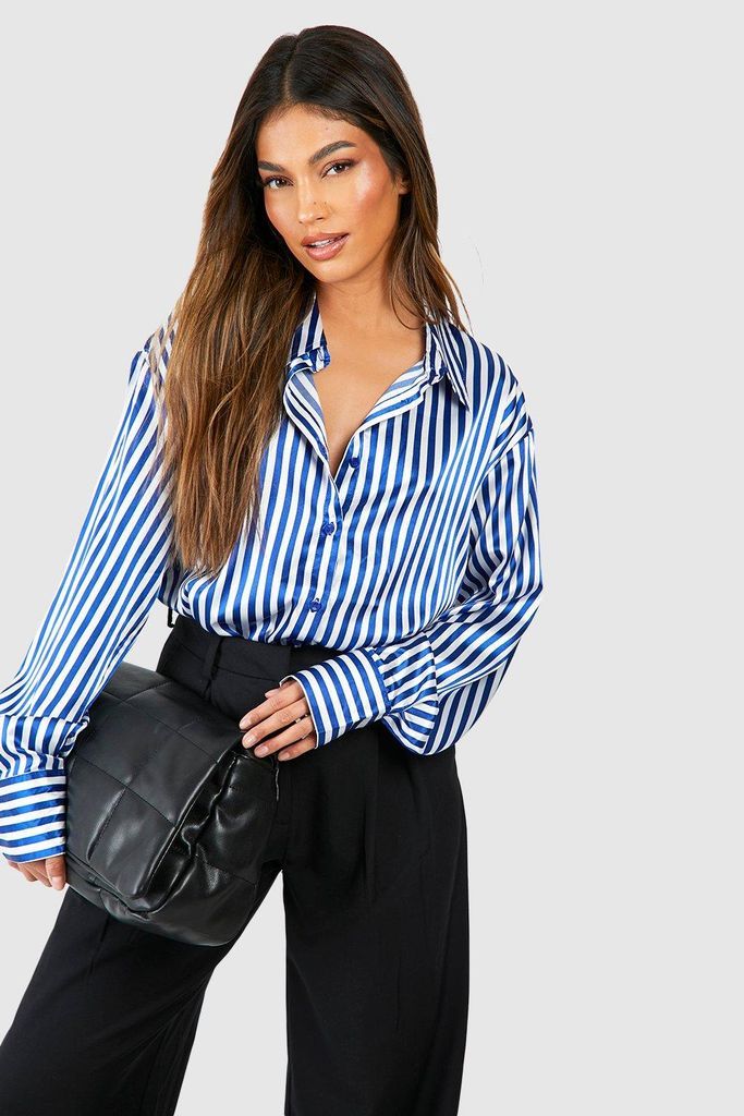 Womens Satin Stripe Oversized Shirt - Blue - 6, Blue
