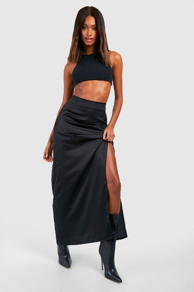 Womens Side Split Satin Maxi Skirt - Black - 6, Black