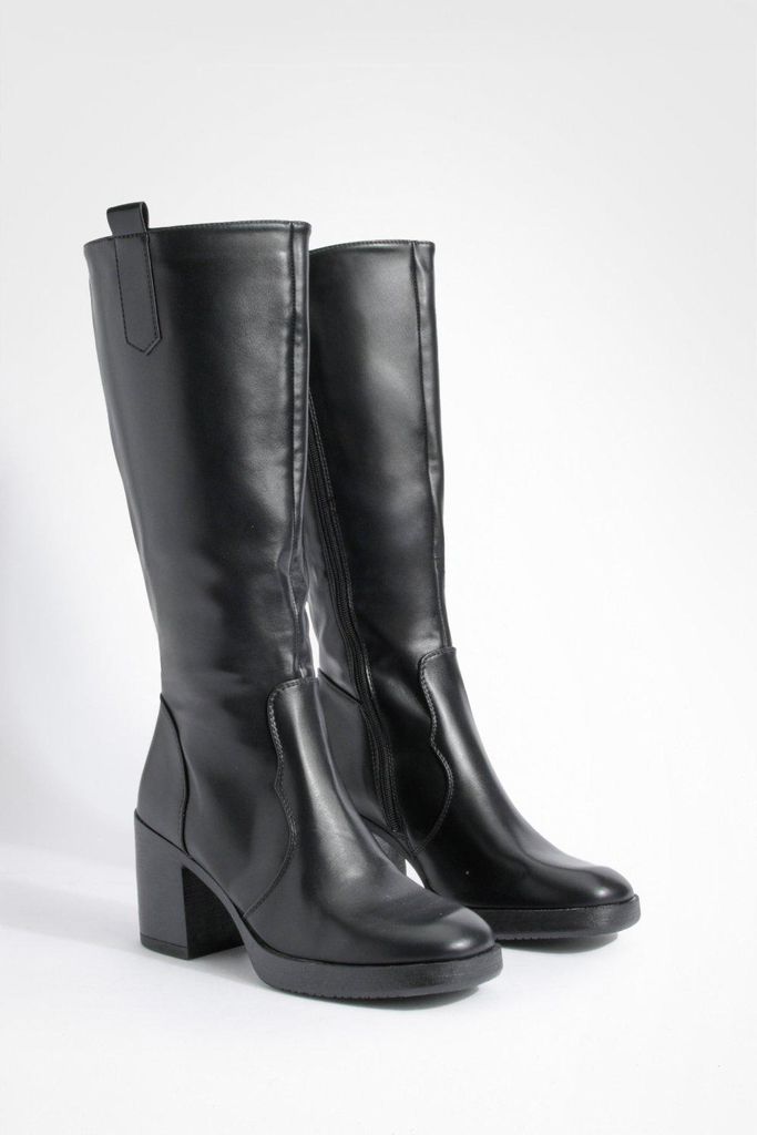 Womens Tab Detail Platform Knee High Boots - Black - 3, Black