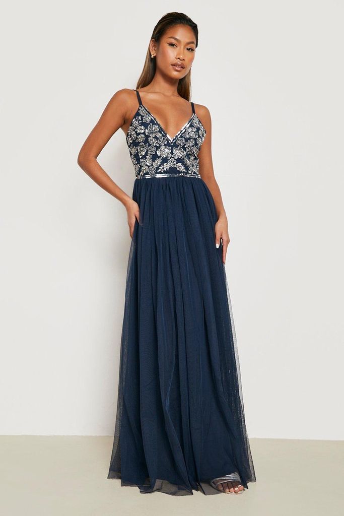 Womens Bridesmaid Hand Embellished Strappy Maxi - Navy - 14, Navy