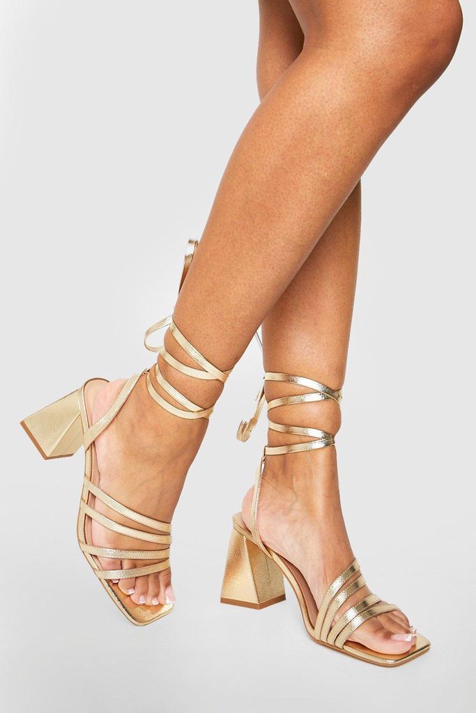 Womens Asymmetric Lace Up Block Heel Sandals - Gold - 3, Gold