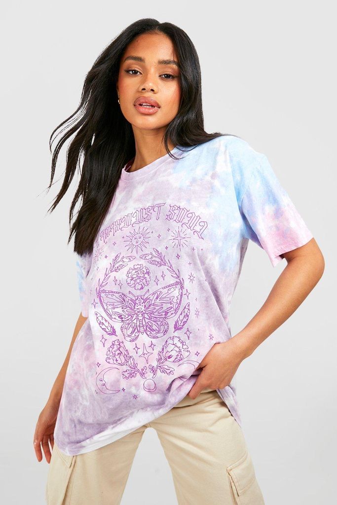 Womens Celestial Butterfly Print Tie Dye Oversized T-Shirt - Purple - Xl, Purple