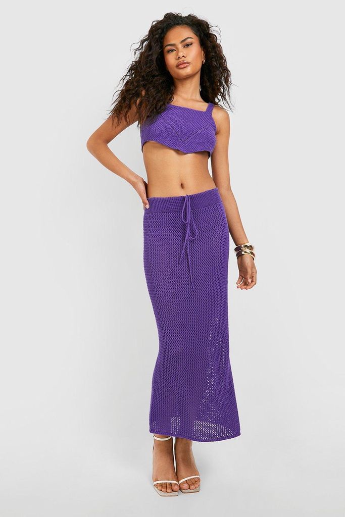 Womens Crochet Corset Hem Crop Top And Maxi Skirt Set - Purple - 16, Purple
