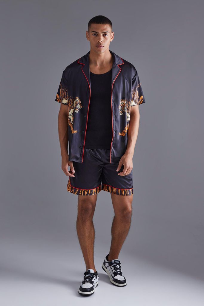 Men's Short Sleeve Drop Revere Satin Tiger Shirt & Short Set - Black - S, Black