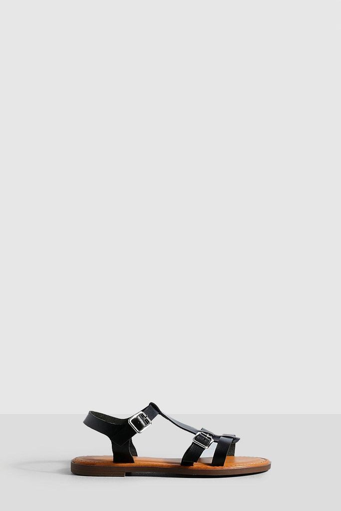 Womens Gladiator Buckle Detail Flat Sandals - Black - 4, Black