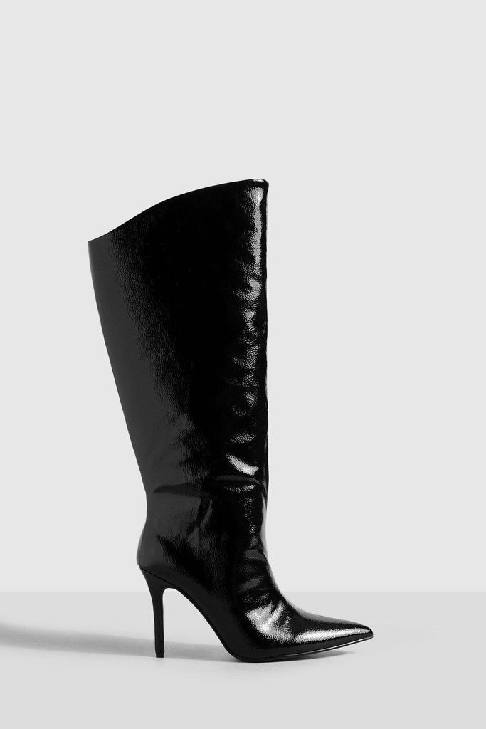 Womens Asymmetric Mid Height Stiletto Knee High Boots - Black - 4, Black