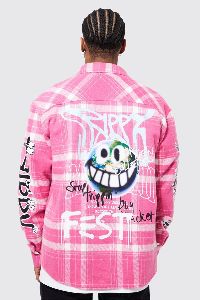 Men's Oversized Trippy Printed Check Shirt - Pink - S, Pink