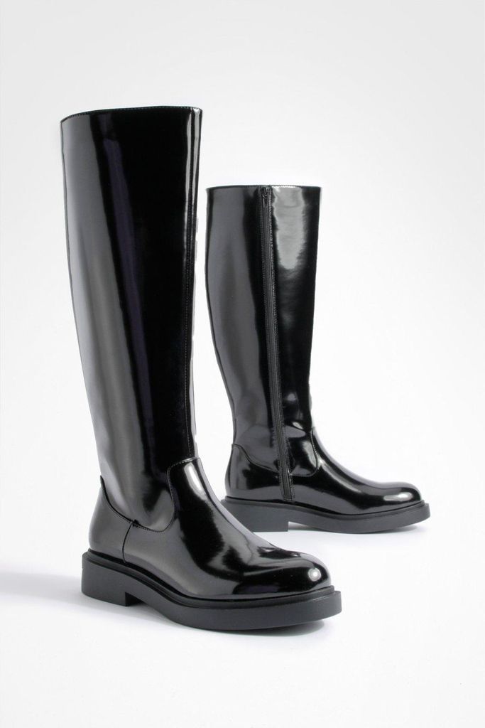 Womens Box Pu Minimal Chunky Knee High Boots - Black - 4, Black