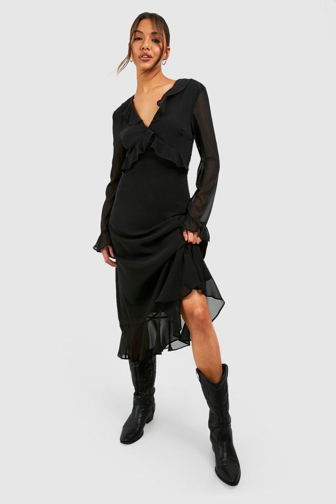 Womens Chiffon Flare Sleeve Midi Dress - Black - 8, Black