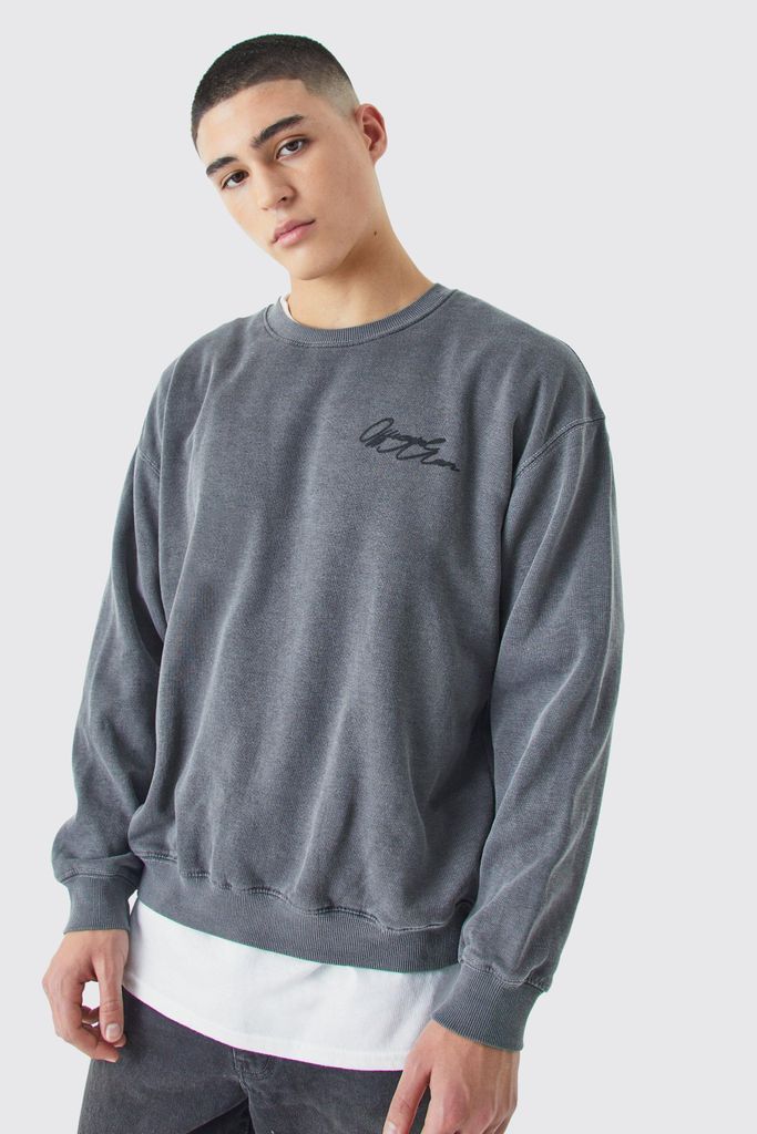 Men's Oversized Boxy Acid Wash Man Graphic Sweatshirt - Grey - S, Grey
