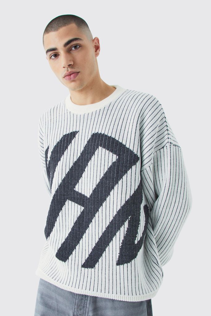 Men's Oversized Ribbed Knitted Crew Neck Jumper - Grey - S, Grey