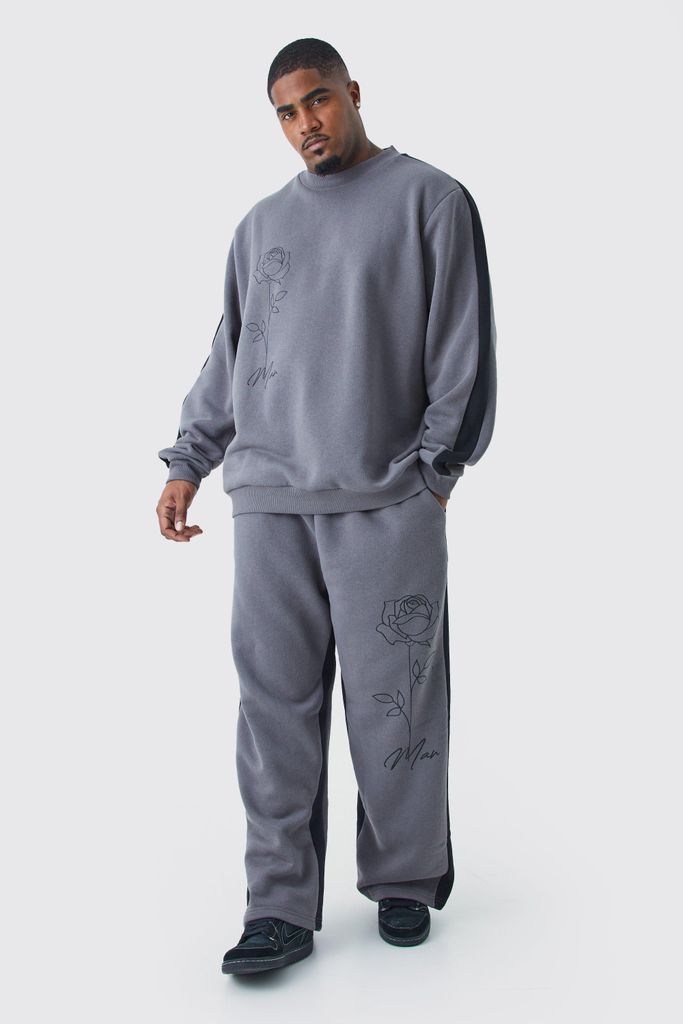 Men's Plus Man Rose Print Gusset Sweatshirt Tracksuit - Grey - Xxxl, Grey