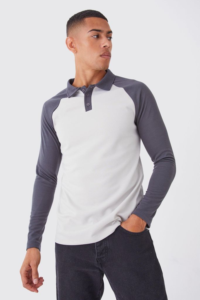 Men's Slim Raglan Colour Block Long Sleeve Polo - Grey - S, Grey