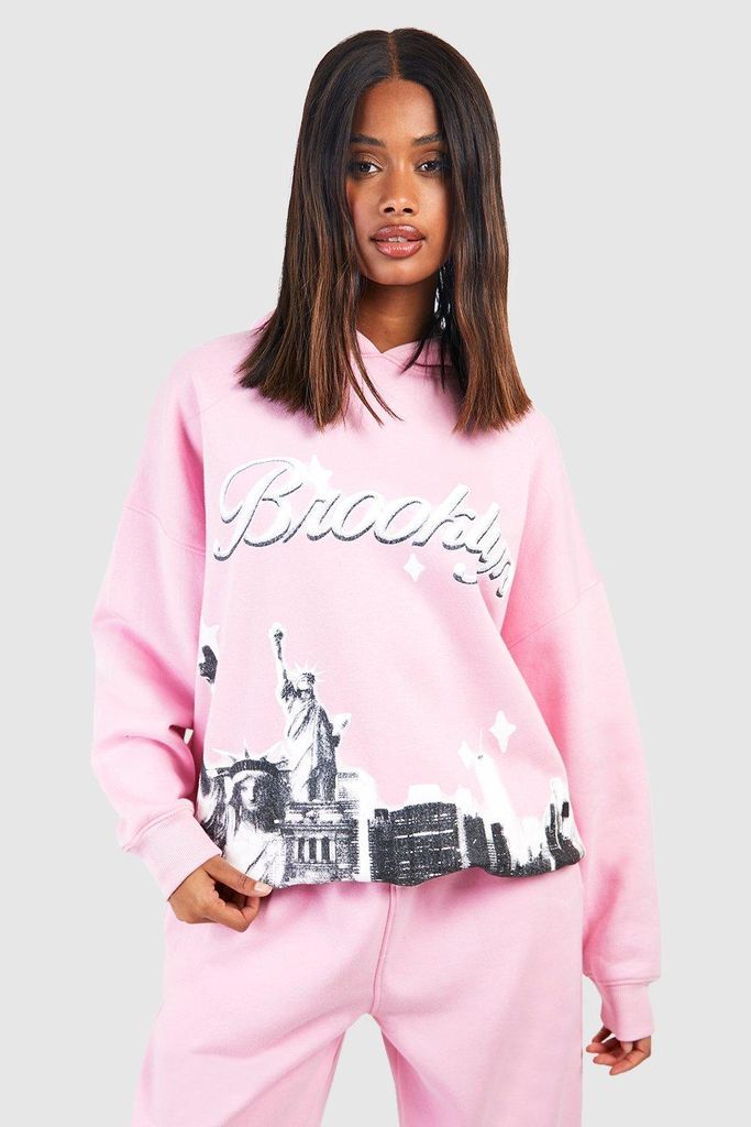 Womens Brooklyn Printed Oversized Hoodie - Pink - S, Pink
