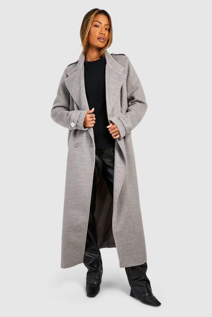 Womens Collar Detail Double Breasted Wool Maxi Coat - Grey - 8, Grey