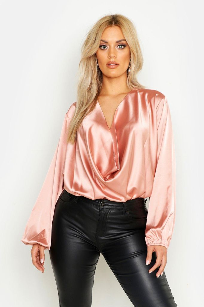 Womens Plus Satin Cowl Long Sleeve Blouse - Pink - 24, Pink