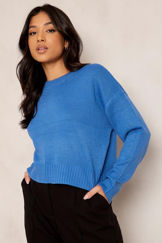 Womens Petite Round Neck Boxy Knitted Jumper - Blue - Xs, Blue