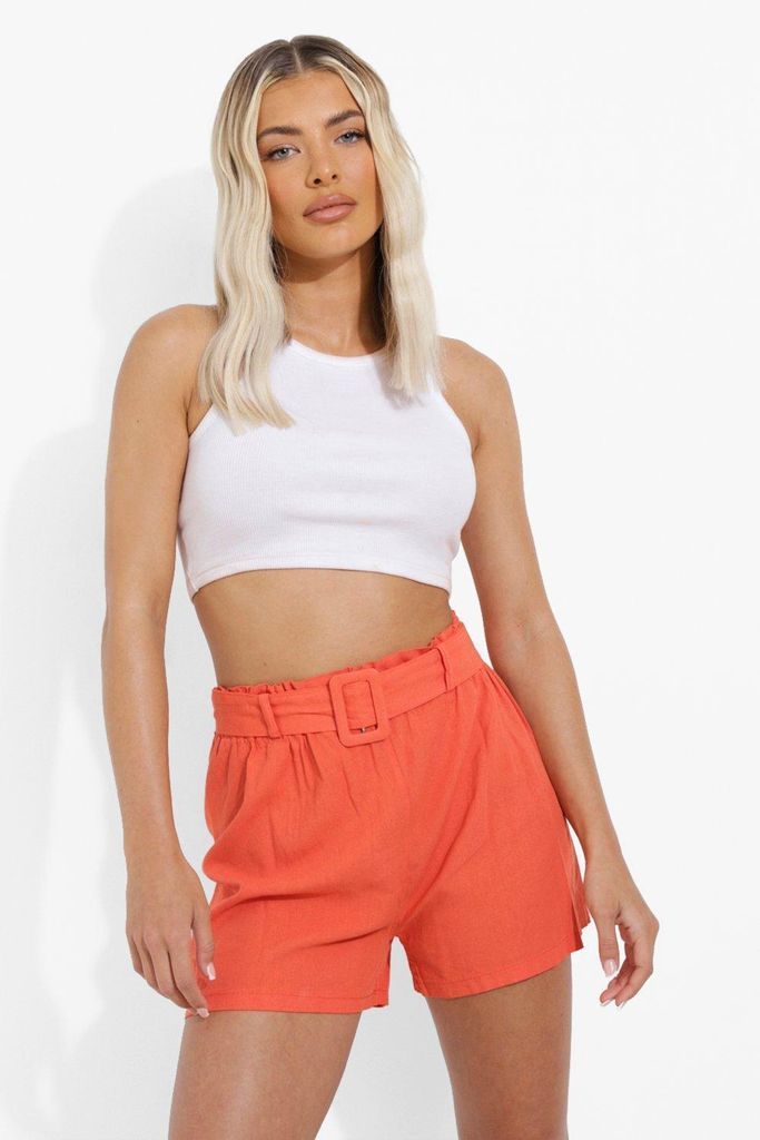 Womens Linen Belted Shorts - Orange - 14, Orange