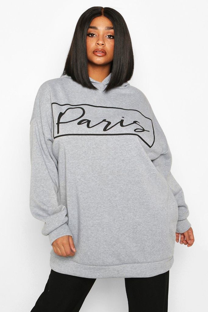 Womens Plus Paris Slogan Oversized Hoodie - Grey - 26, Grey