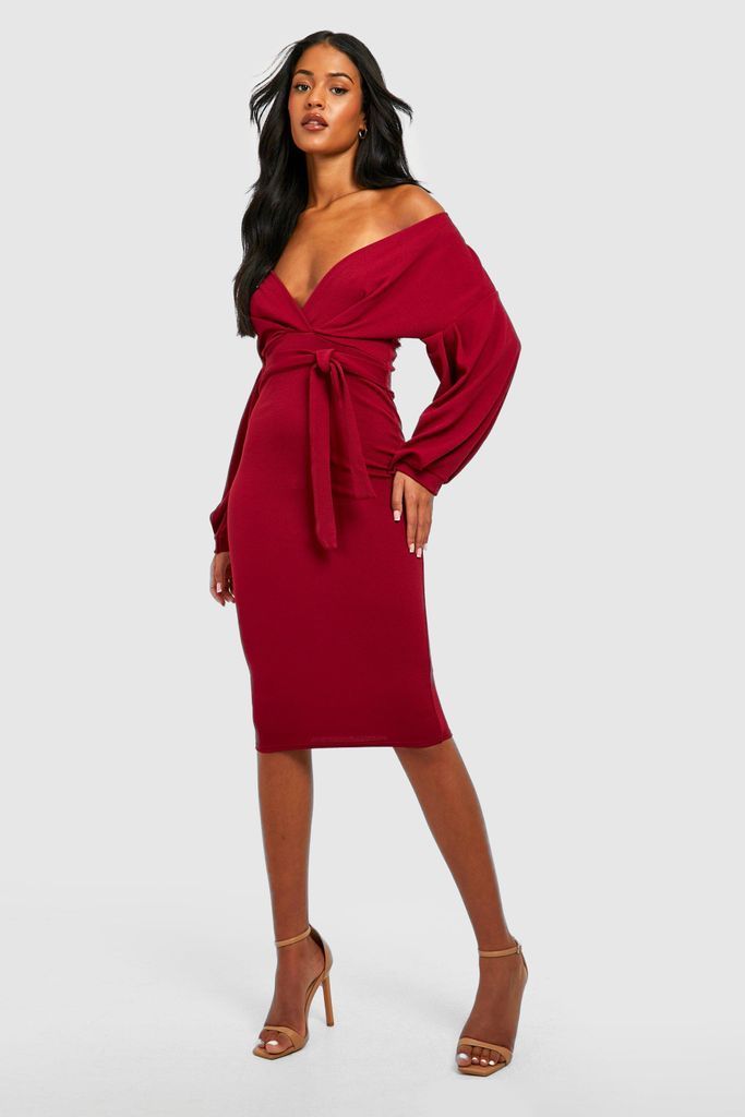 Womens Tall Off The Shoulder Wrap Midi Bodycon Dress - Red - 8, Red