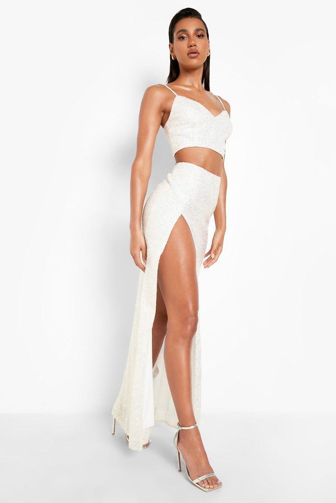 Womens Sequin Thigh Split Maxi Skirt - White - 14, White