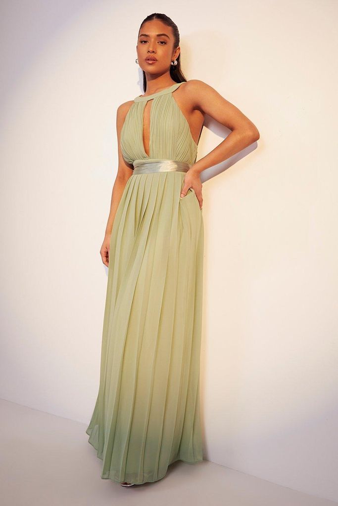 Womens Petite Pleated Belted Maxi Dress - Green - 10, Green