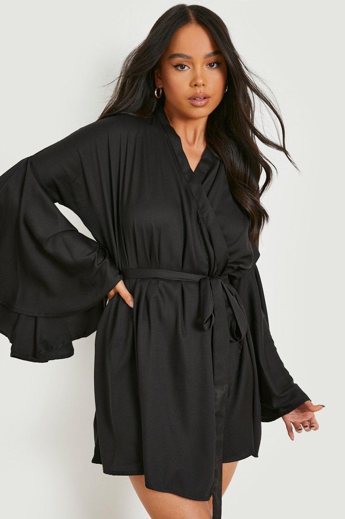 Womens Petite Flare Sleeve Mini Wrap Dress - Black - 6, Black