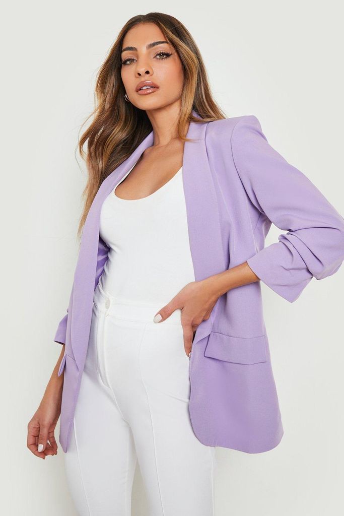 Womens Pastel Ruched Sleeve Tailored Blazer - Purple - 14, Purple