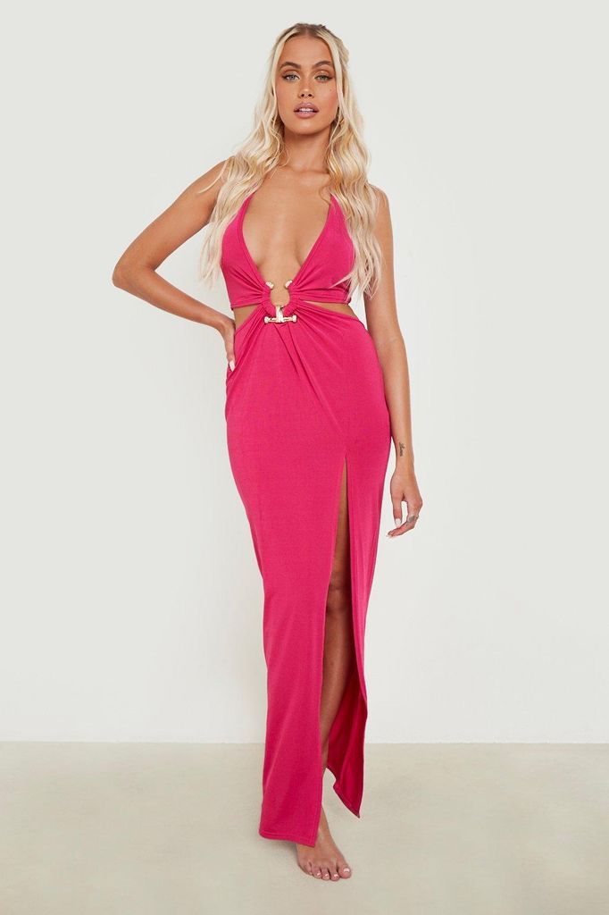 Womens Slinky Plunge Gold Trim Beach Maxi Dress - Pink - Xs, Pink