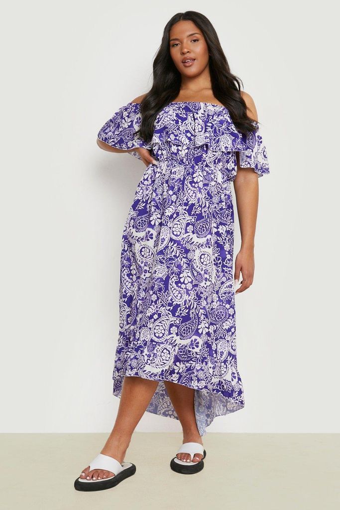 Womens Plus Woven Paisley Print Bardot Maxi Dress - Blue - 28, Blue