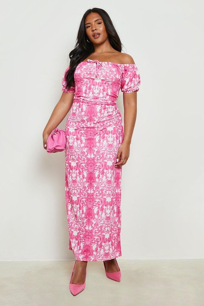 Womens Plus Porcelain Print Bardot Maxi Dress - Pink - 28, Pink