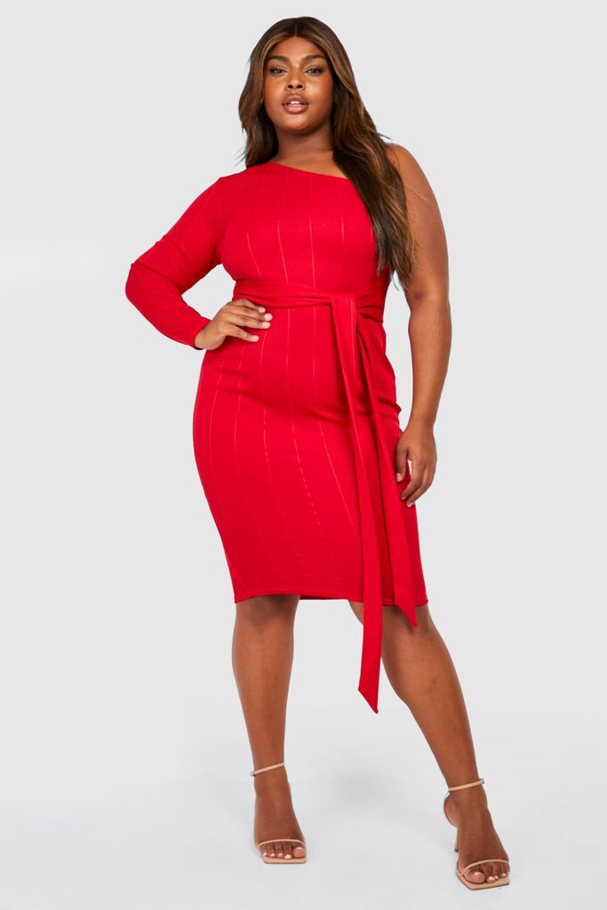 Womens Plus Bandage Rib One Shoulder Midi Dress - Red - 28, Red