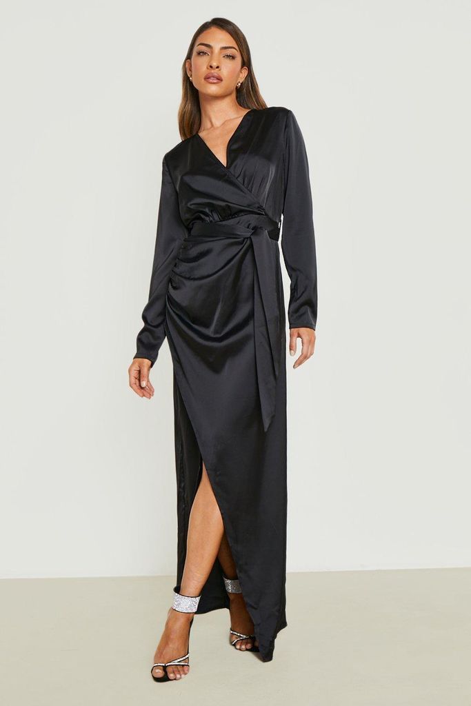 Womens Satin Long Sleeve Wrap Front Maxi Dress - Black - 10, Black