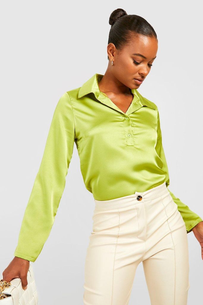 Womens Tall Half Button Relaxed Satin Shirt - Green - 8, Green
