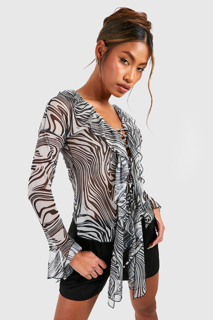 Womens Mesh Ruffle Lace Up Zebra Print Top - Black - 6, Black
