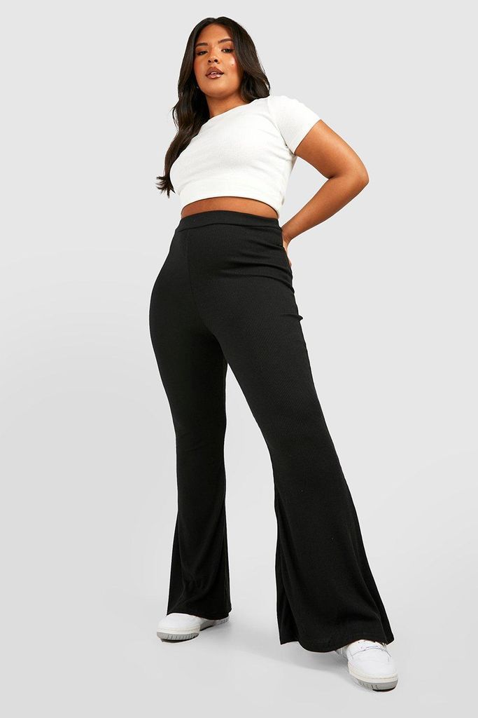Womens Plus Basic Rib Flare Trousers - Black - 26, Black