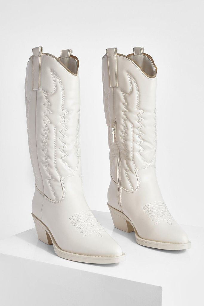 Womens Tab Detail Cowboy Western Boots - Beige - 4, Beige
