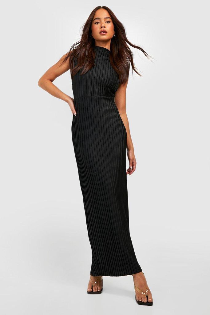 Womens Petite Textured Plisse High Neck Column Maxi Dress - Black - 16, Black