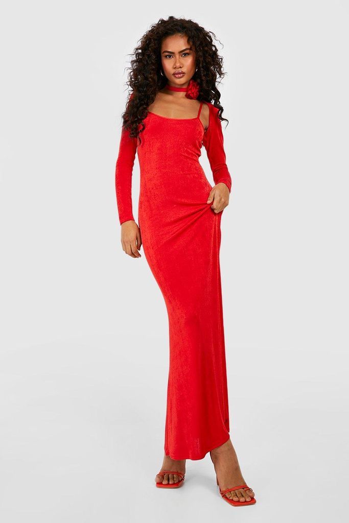 Womens Textured Slinky Bolero & Flared Maxi Dress - 14, Red