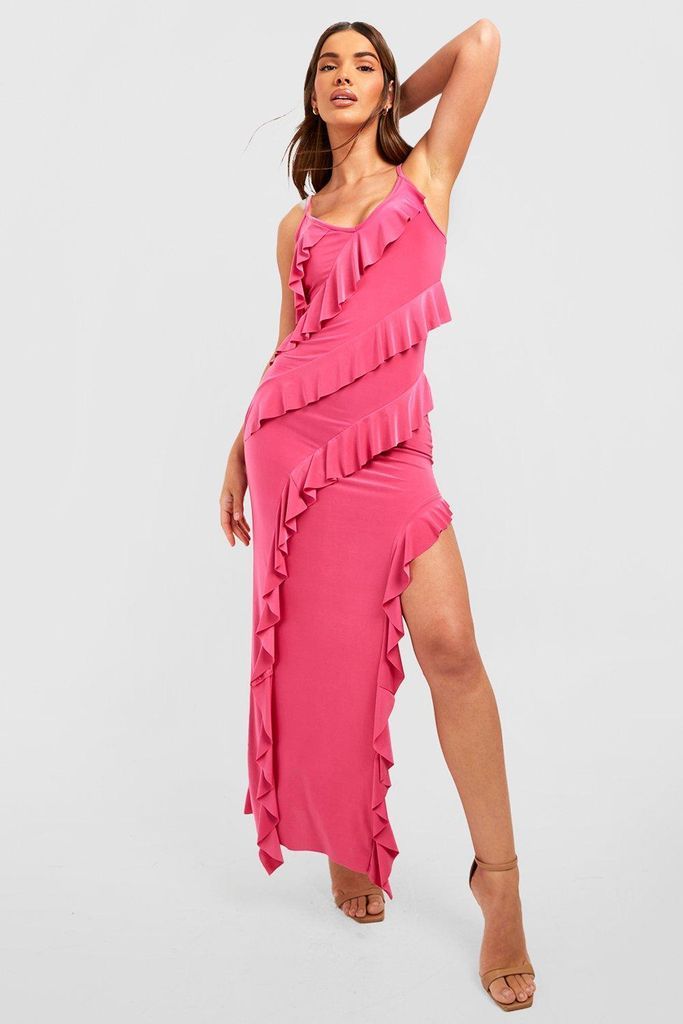 Womens Ruffle Split Maxi Dress - Pink - 12, Pink