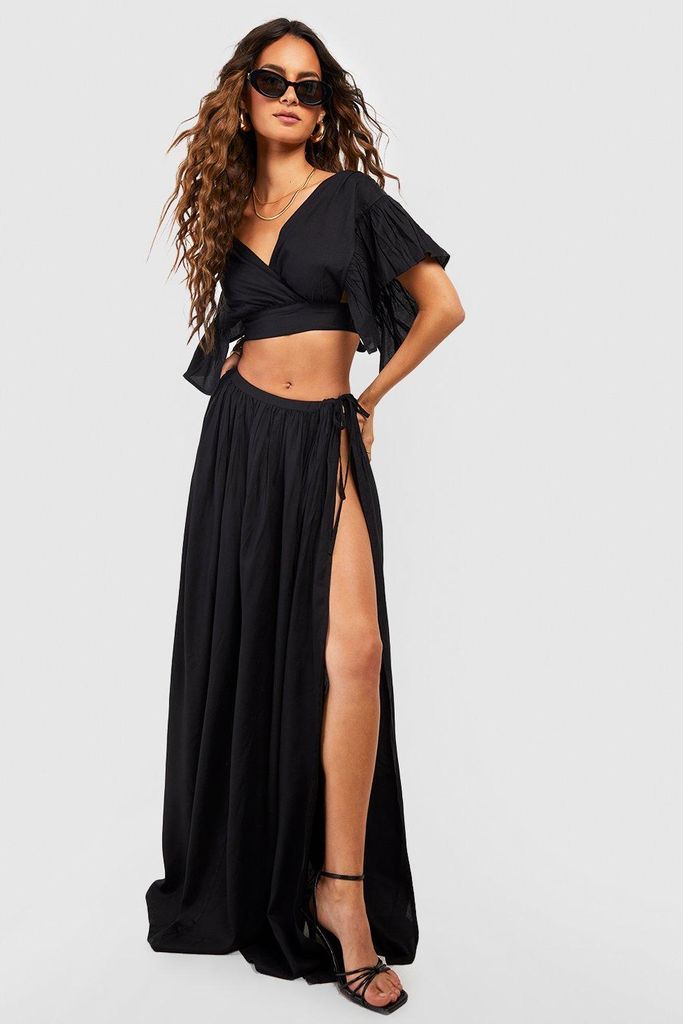 Womens Ruffle Sleeve Crop & Thigh Split Maxi Skirt - Black - 12, Black