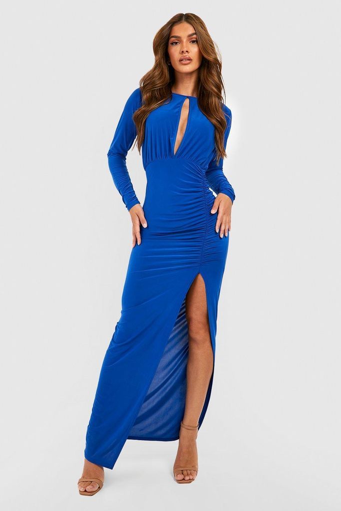 Womens Rouched Slinky Split Maxi Dress - Blue - 10, Blue