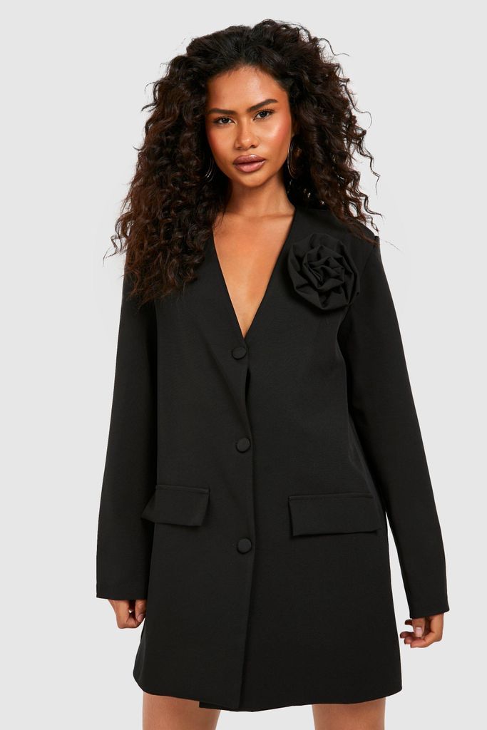 Womens Plunge Front Corsage Detail Tailored Blazer Dress - Black - 8, Black